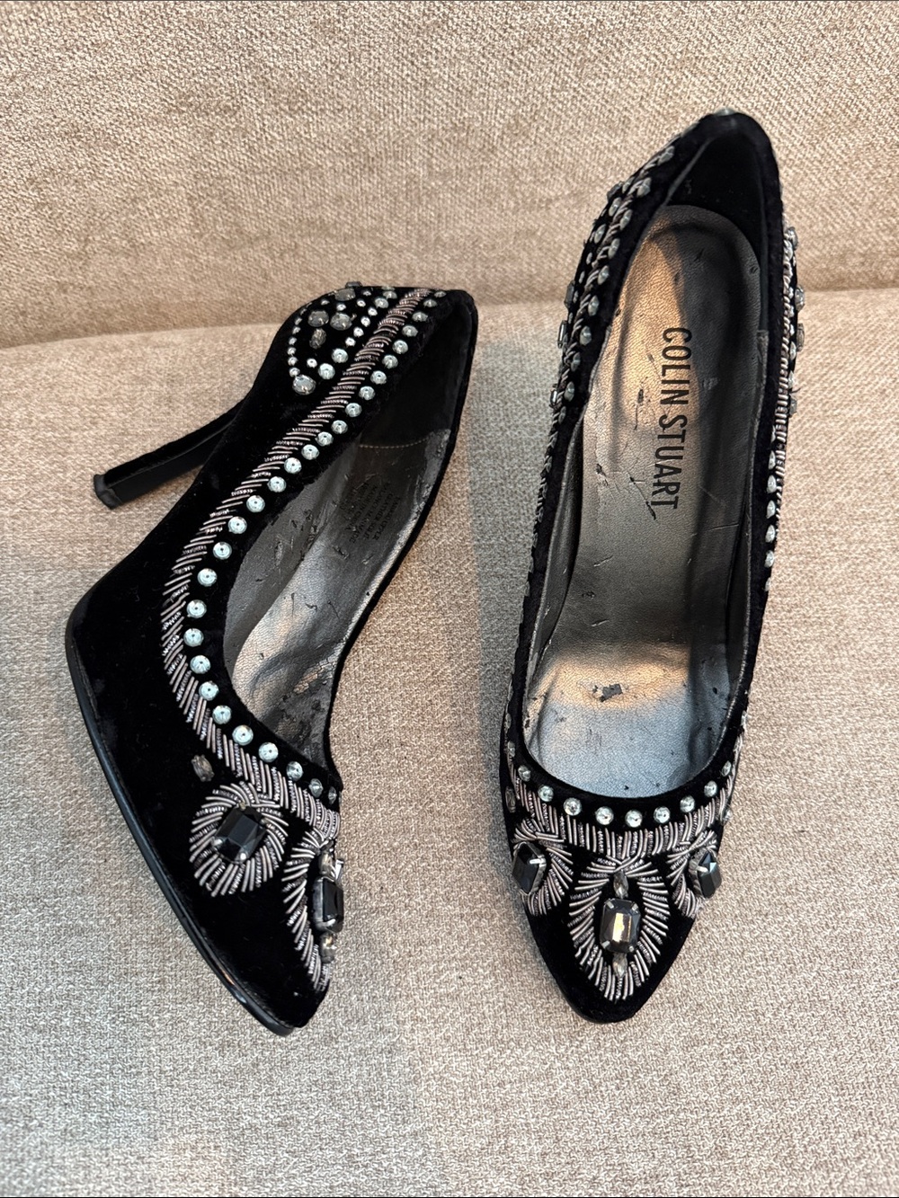 Colin Stuart Black Velvet Pointed-Toe Crystal Embellished Heels